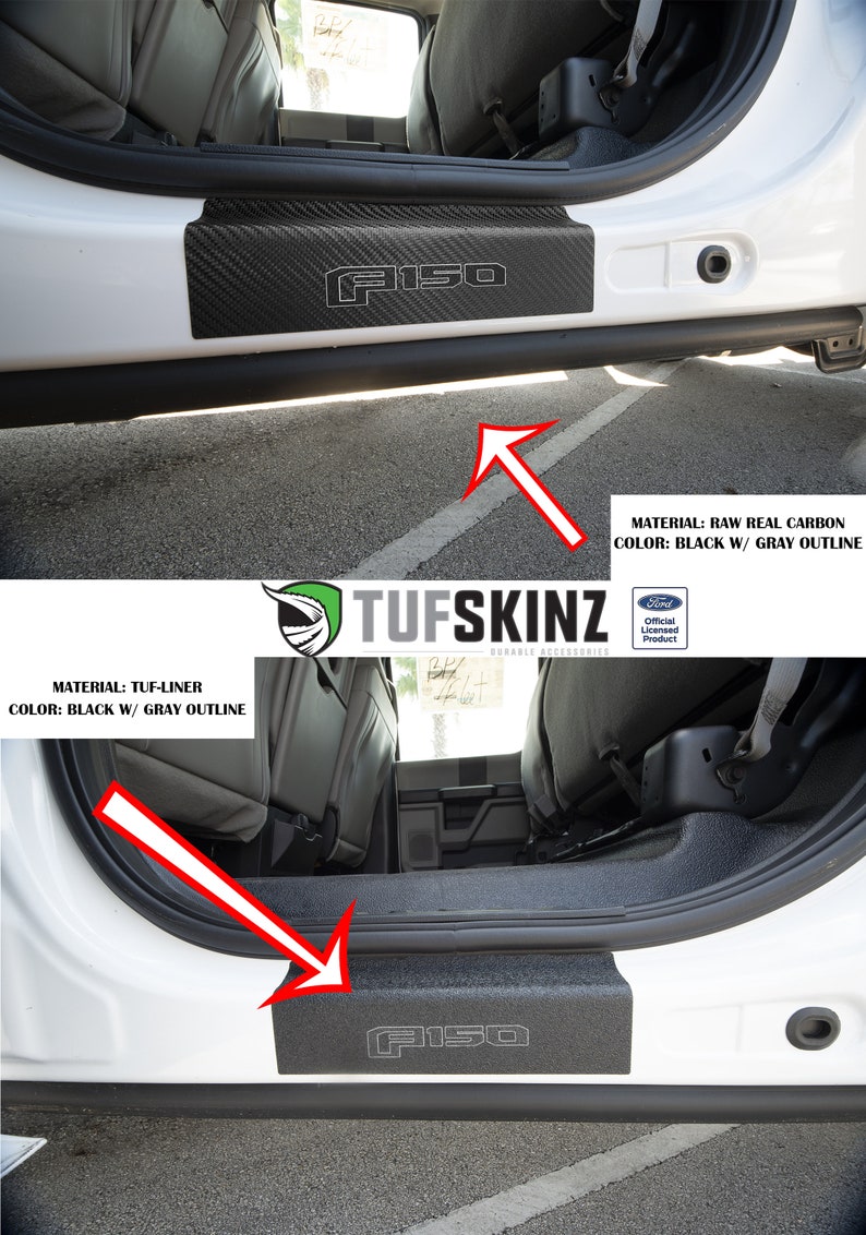 2 Piece Kit TUF-Liner, Black w//Gray Outline Logo TufSkinz Rear Door Sill Protection Fits 2017-Up Ford Super Duty