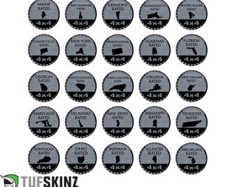 Tufskinz | US States/Territories/Countries Rated Badges - Brushed Silver - 1 Piece Kit