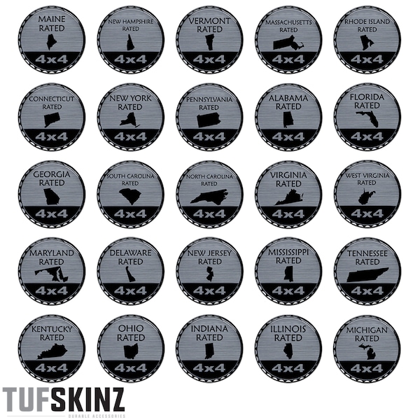 Tufskinz | US States/Territories/Countries Rated Badges - Brushed Silver - 1 Piece Kit