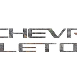 May include: A camouflage-patterned Chevrolet emblem with the text "CHEVROLET" in black.