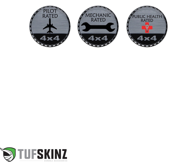 May include: Three round, silver-colored stickers with black borders and white text. The stickers feature a plane, a wrench, and a red cross with a snake wrapped around it. Each sticker says "Rated" and "4x4" in white text.