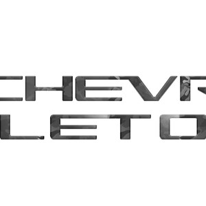 May include: Black and gray camouflage pattern lettering spelling out "CHEVROLET"