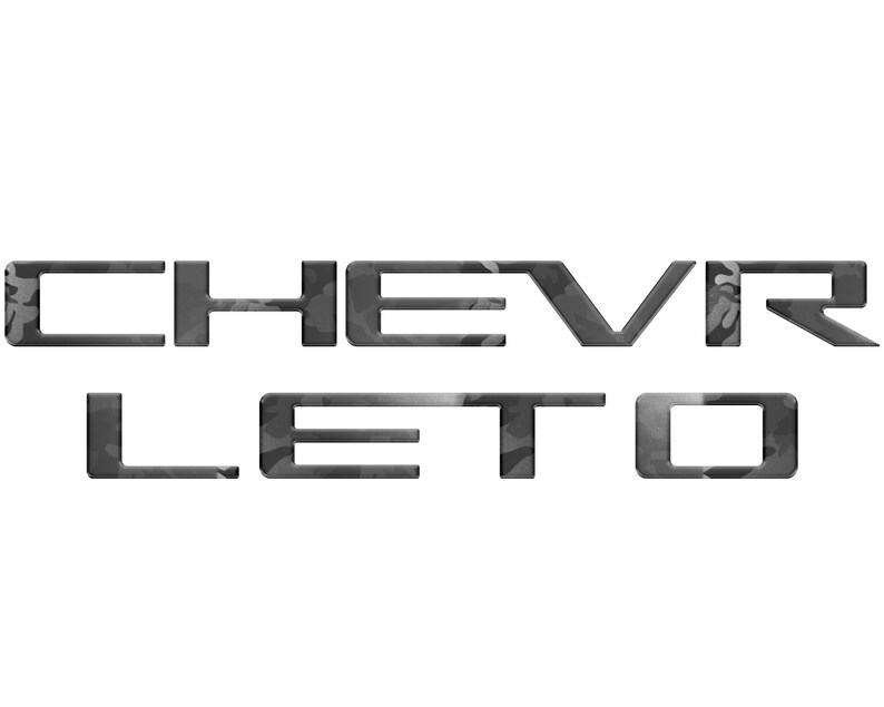 May include: Black and gray camouflage pattern lettering spelling out "CHEVROLET"