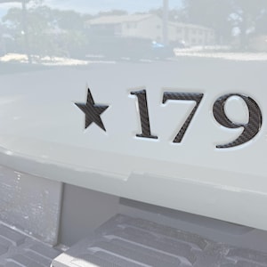 Puede incluir: Primer plano de una superficie blanca de vehículo con una estrella negra y el número "179". La estrella y los números tienen una textura de fibra de carbono. El fondo está borroso, mostrando una calle y edificios.
