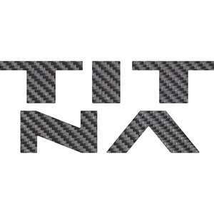 May include: A black and white logo with the word "TITAN" in a carbon fiber pattern.