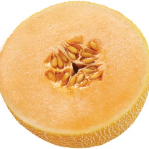 May include: A close-up of a cantaloupe melon cut in half, showing the orange flesh and black seeds.