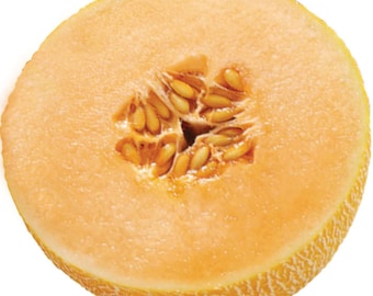 May include: A close-up of a cantaloupe melon cut in half, showing the orange flesh and black seeds.