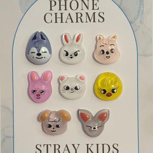 Könnte beinhalten: Eine Sammlung von sieben bunten Telefonanhängern mit Cartoon-Tiergesichtern. Die Anhänger umfassen einen Wolf, ein Kaninchen, ein Schwein, ein Häschen, eine Maus, ein Küken, einen Hund und ein Kaninchen. Der Text "PHONE CHARMS" und "STRAY KIDS" werden angezeigt.