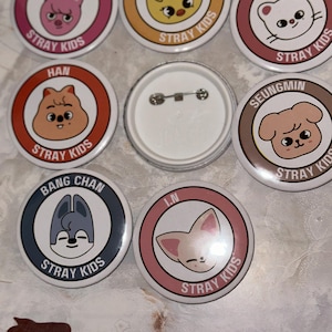 May include: A collection of round Stray Kids pinback buttons. Each button features a cartoon animal face and a member's name, surrounded by a colored border. The text "STRAY KIDS" is printed on each button. The buttons are white, pink, orange, brown, and blue.