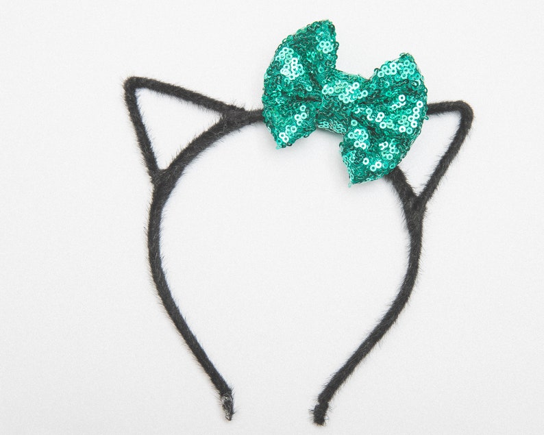 Kitty Ears Headband with Emerald Green Bow Cat Ears Girl Hair Accessory Black Cat Party Shiny Sequins