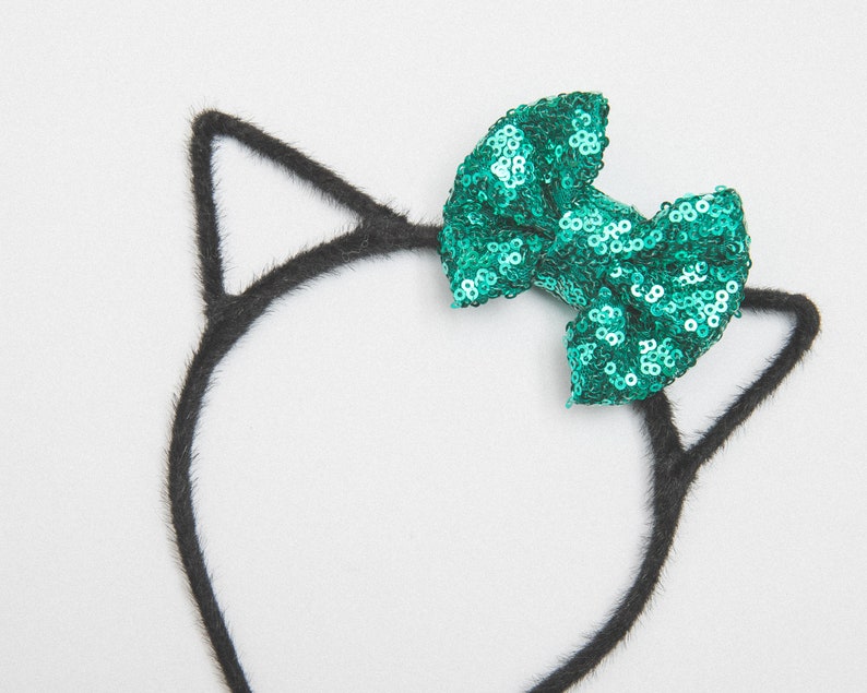 Kitty Ears Headband with Emerald Green Bow Cat Ears Girl Hair Accessory Black Cat Party Shiny Sequins