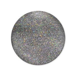 May include: A round silver glitter nail polish with a holographic finish.