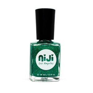 May include: A bottle of green glitter nail polish with a white circle label that says "niji Los Angeles" and "18 ml / 0.8 oz."