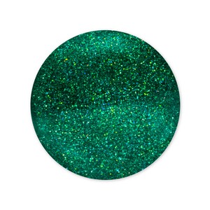 May include: A round, green glitter ornament with a sparkly, iridescent finish.
