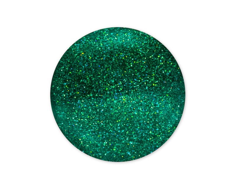 May include: A round, green glitter ornament with a sparkly, iridescent finish.