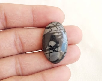 May include: An oval-shaped gemstone with a dark gray and black pattern. The stone has a polished surface and a unique, web-like design. The gemstone is held in a hand, showcasing its size and shape.