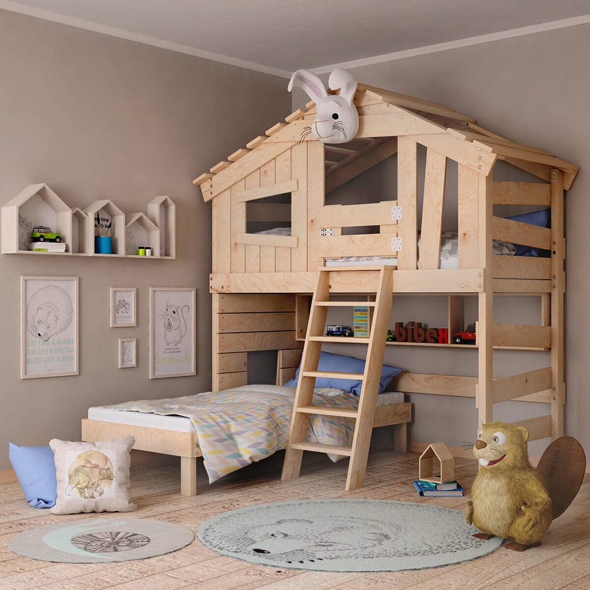 Bibex® Lit Jeune, Superposé, Double Playhouse Pin Massif Naturel 100% Bio