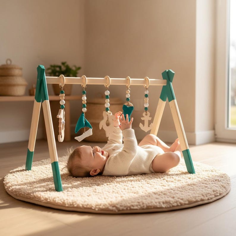 May include: A wooden baby play gym with teal accents and hanging toys. The toys include wooden shapes, beads, and fabric elements. A baby is lying on a round, beige rug, reaching for the toys. The gym is made of natural wood and teal-painted accents.