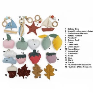May include: A collection of colorful felt shapes, including a blue sailboat, a red starfish, a pink apple, a green apple, a white heart, a yellow lemon, a strawberry, and leaves. Each shape has a wooden ring.