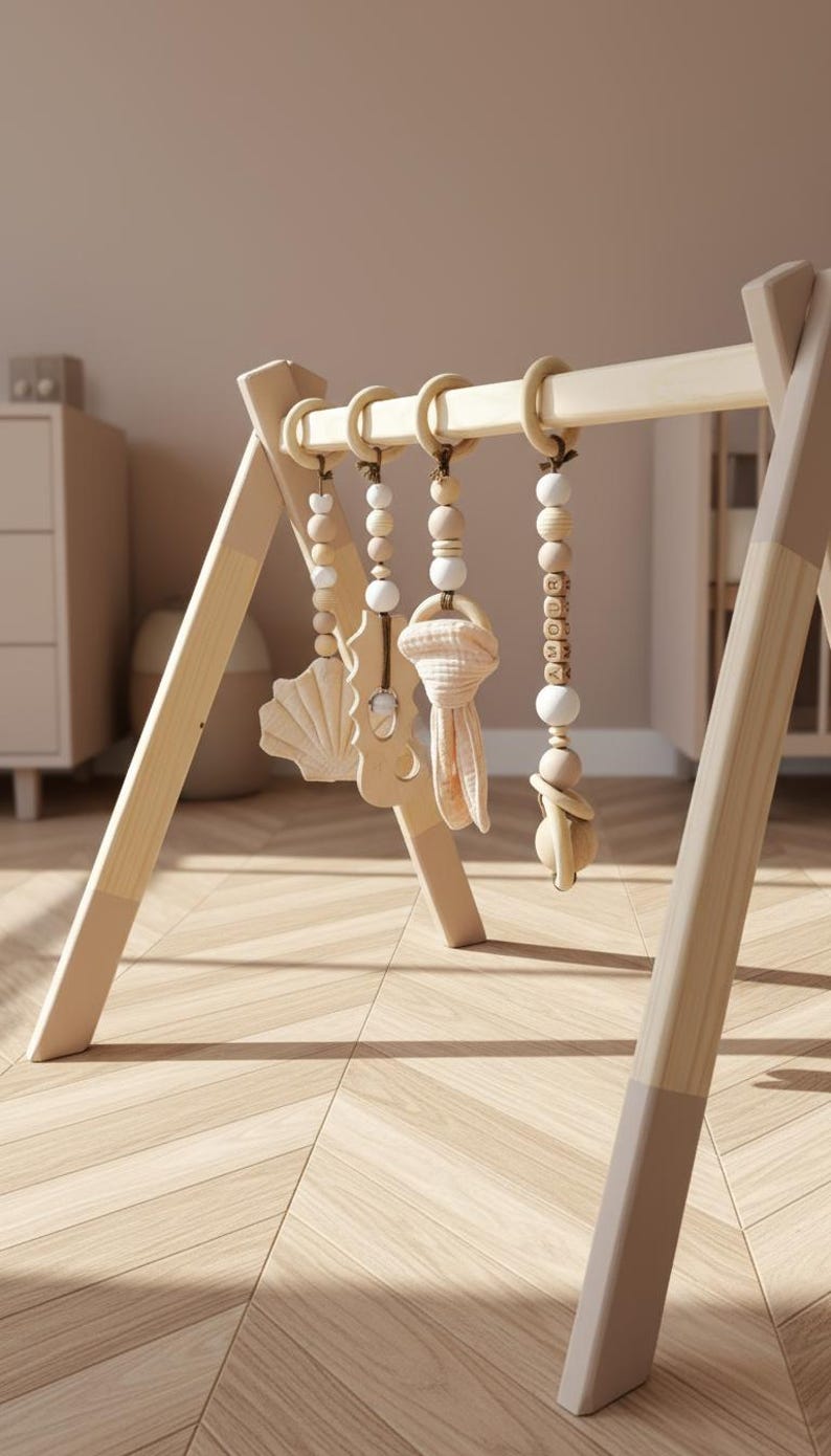 May include: Wooden baby play gym with hanging toys. The frame is light-colored wood with a natural finish. Hanging toys include a wooden seashell, a fabric toy, and wooden beads. The gym is set on a light wood floor.