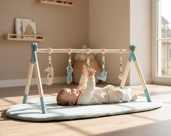 Gimnasio Montessori de madera para bebés gemelos – Gimnasio para bebés hecho a mano – Gimnasio de madera natural para bebés gemelos – Juguete personalizado para recién nacidos