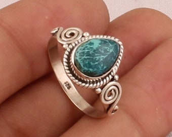Size 8 Gift for her Natural Chrysocolla ring Light everyday ring 925 sterling silver Small genuine gem Beautiful design