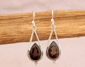 Brown Coin Stone Earrings Smoky Quartz Earrings Short Dangle Earrings Taupe Bridesmaids Wedding Jewelry Autumn Fashion Sterling Silver
