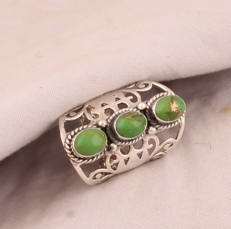 Handmade Jewelry Designer Three Gemstone Ring 925 Sterling Solid Silver Ring Green Copper Turquoise Oval Shape Gemstone Silver Ring