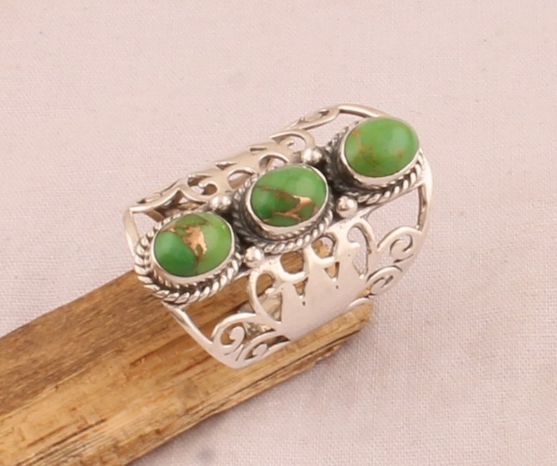 Handmade Jewelry Designer Three Gemstone Ring 925 Sterling Solid Silver Ring Green Copper Turquoise Oval Shape Gemstone Silver Ring