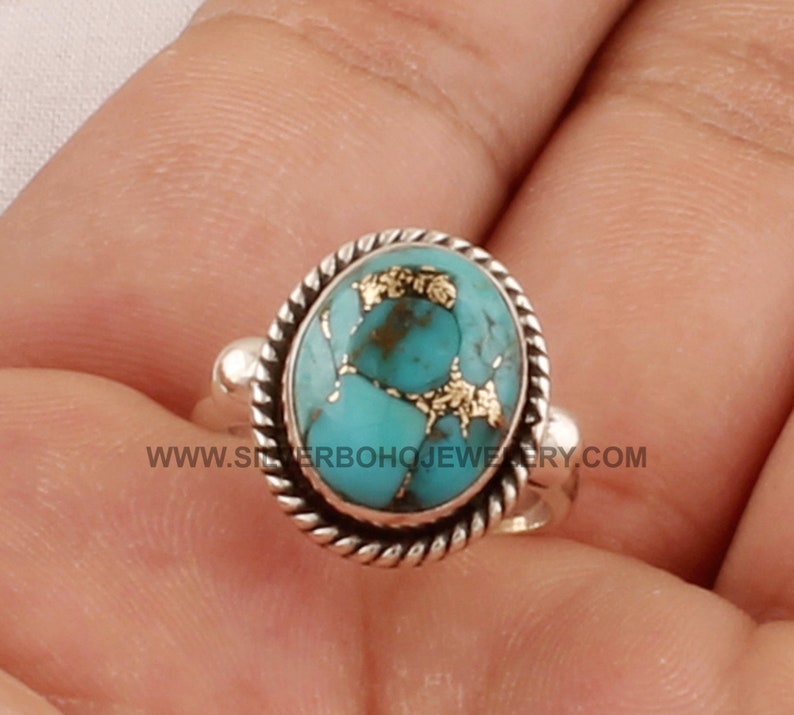 Handmade Composite Turquoise Ring For Wedding Gift For Her Blue Copper Turquoise Oval Gemstone Solid 925 Sterling Silver Ring For Women