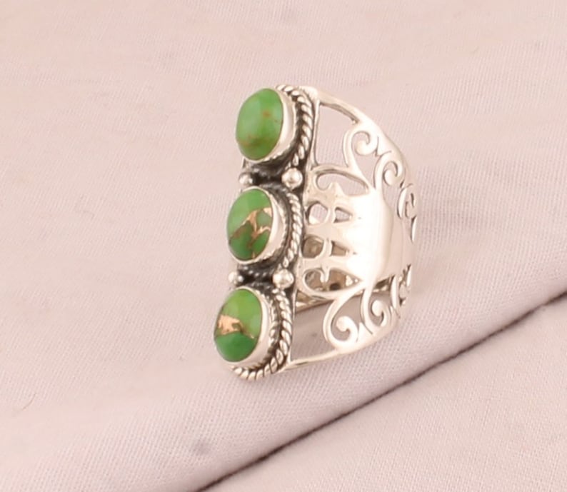 Handmade Jewelry Designer Three Gemstone Ring 925 Sterling Solid Silver Ring Green Copper Turquoise Oval Shape Gemstone Silver Ring