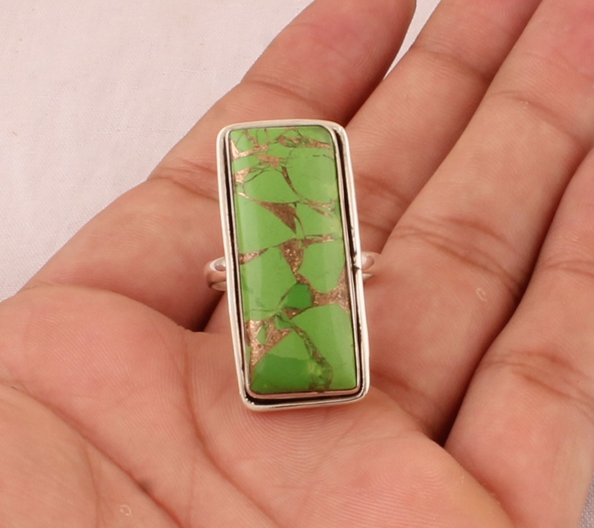 Green Copper Turquoise Rectangle Gemstone Silver Ring 925 Etsy