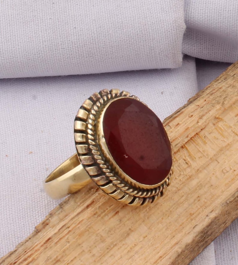 Corundum Red Onyx Top Quality Gemstone Ring Cut Stone Boho Ring Yellow Colour Brass Ring Fashion Jewelry Item Gift For HerETSY TOP SELL