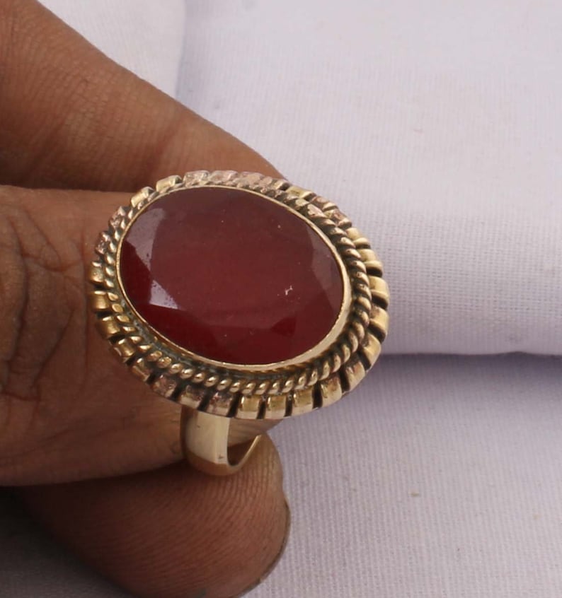 Corundum Red Onyx Top Quality Gemstone Ring Cut Stone Boho Ring Yellow Colour Brass Ring Fashion Jewelry Item Gift For HerETSY TOP SELL