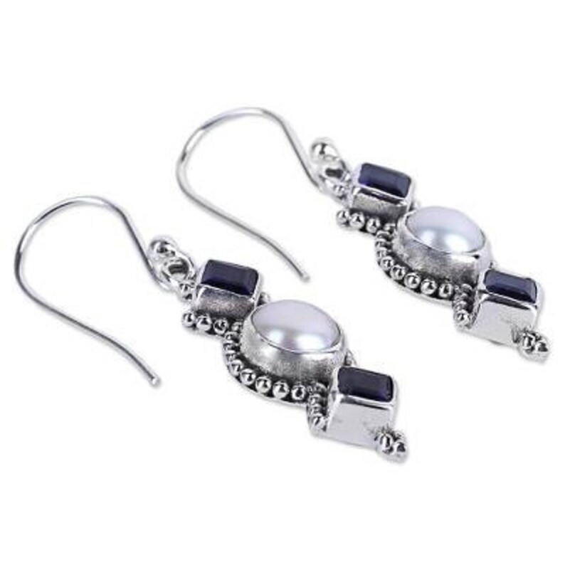 Iolite+Pearl Top Quality Gemstone Earring Handcrafted Boho Earring,Sterling Silver Earring,Antique Silver Earring Etsy Cyber Valentine/'s Day