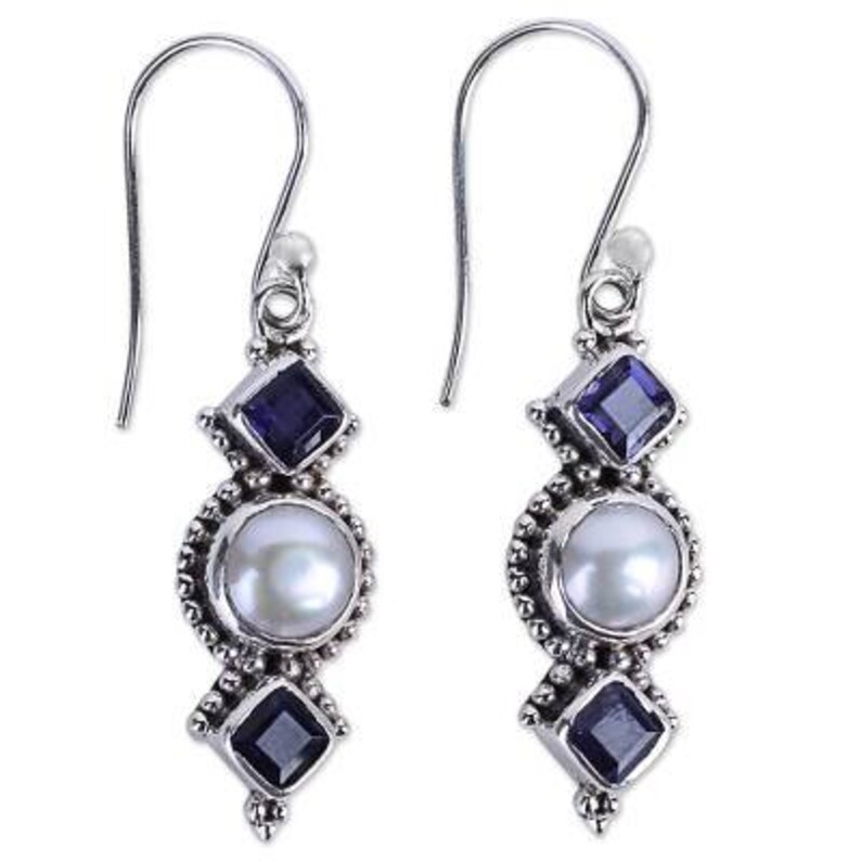 Iolite+Pearl Top Quality Gemstone Earring Handcrafted Boho Earring,Sterling Silver Earring,Antique Silver Earring Etsy Cyber Valentine/'s Day