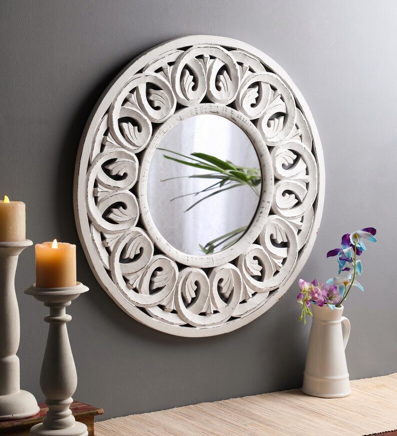Thekraftindia Decorative Hand Carved Indian Round Shabby Chic Wall Mirror For Living Room Bedroom Hallway Dining Area Size 24 X24