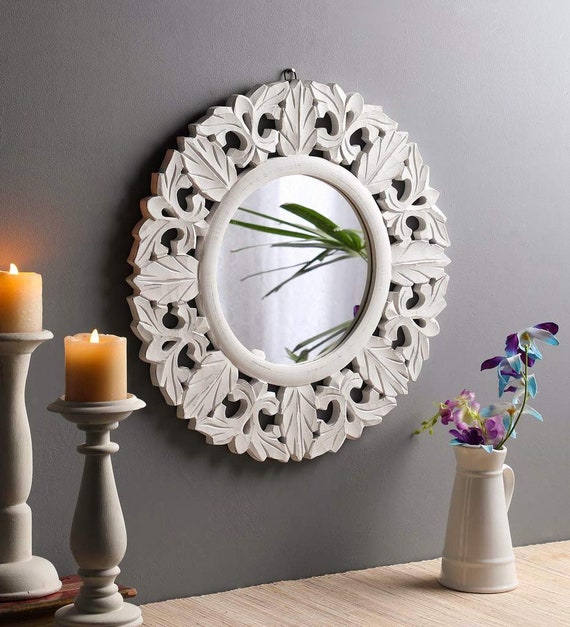 Thekraftindia Decorative Hand Carved Indian Round Wall Mirror Distressed White For Living Room Bedroom Entryway Size 20 X20