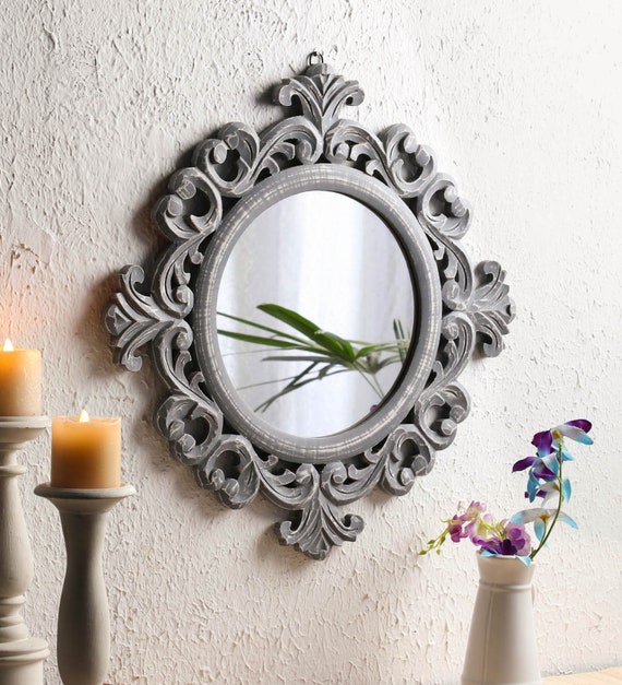 Thekraftindia Decorative Hand Carved Indian Round Wall Mirror Distressed Grey For Living Room Bedroom Entryway Size 23 X23