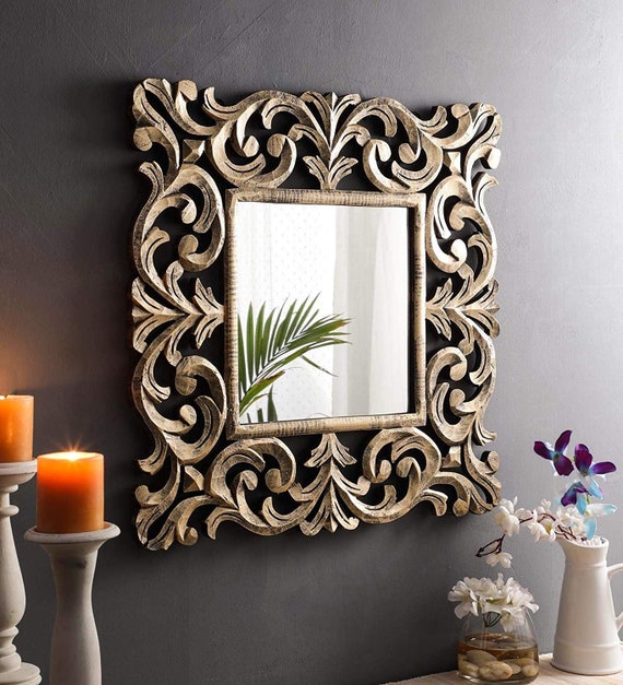 Thekraftindia Decorative Hand Carved Indian Square Wall Mirror Antique Gold For Living Room Bedroom Entryway Size 24 X24