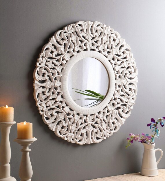 Thekraftindia Decorative Hand Carved Indian Round Wall Mirror In Distressed White For Living Room Bedroom Entryway Size 27 X27