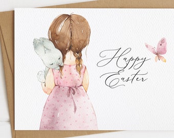 Happy Easter Card | Little Girl and Bunny | Cute Easter Card | Eco friendly | Folded Greeting Card | Blank inside