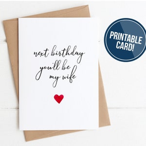 Cartão de aniversário do noivo para impressão no próximo aniversário, você será minha esposa, cartão de aniversário fofo para download, noivado mínimo da futura esposa