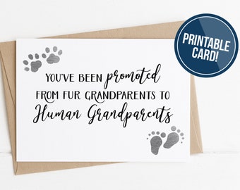 PRINTABLE Fur Grandparents - Pregnancy Announcement Card to Parents, You've been promoted from Fur Grandparents to Human Grandparents