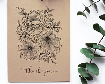 Floral Thank You Card | Recycled Kraft Card | Rustic Wedding Thank You | Blank Inside