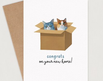 Carte de pendaison de crémaillère | Félicitations pour votre nouvelle maison | de déménagement sur le thème du chat | Blanc à l&#39;intérieur