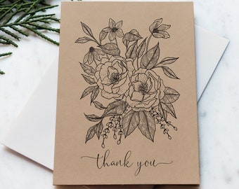 Floral Thank You Card | Recycled Kraft Card | Rustic Wedding Thank You | Blank Inside