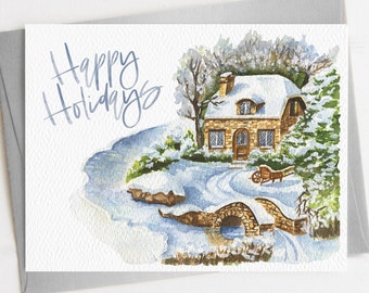 Happy Holidays Card | Eco Friendly Snowy Winter Card or Card Set | Merry Christmas | Watercolor Christmas Card | Holiday Art Card