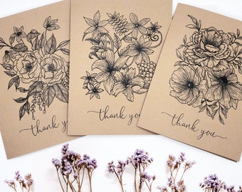 Kraft Thank You Card Set, Floral Thank You Cards, Wedding Thank You Card Pack, Flower Cards, Rustic Wedding