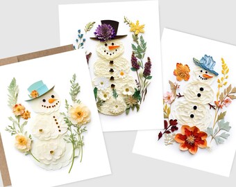 Snowman Cards | Pressed Flower Art Print | Holiday Greeting Cards